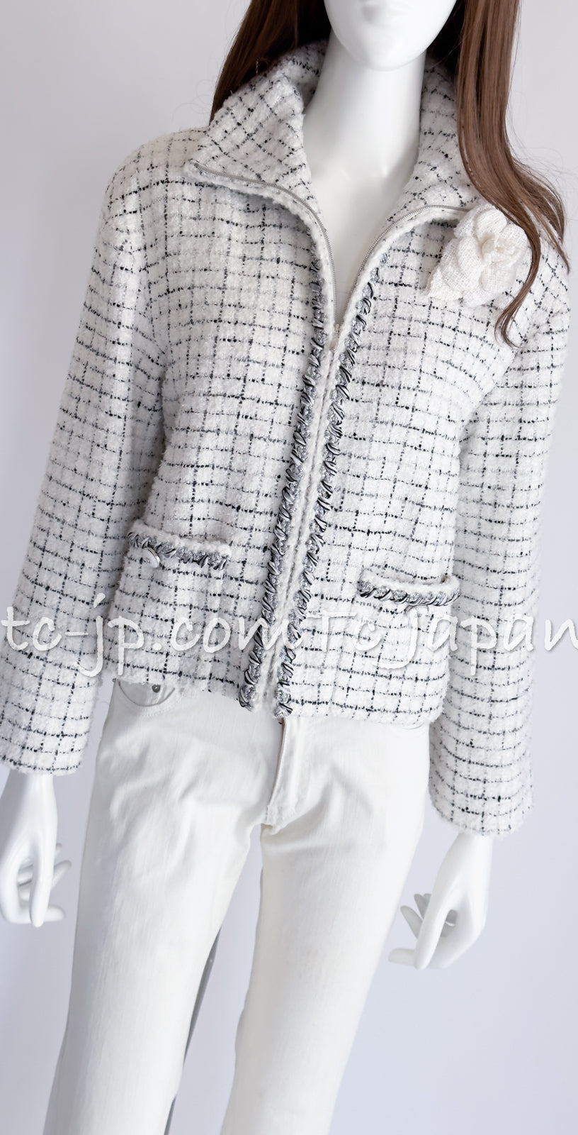 CHANEL 21B White Navy Gray Silver Cotton Zipper Jacket 38 40 シャネル  ホワイト・ネイビー・グレー・シルバー・コットン・ジッパー・ジャケット 即発