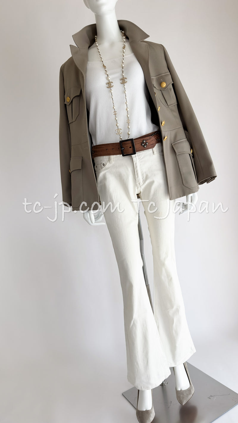 CHANEL 96A Vintage Gray Gold Buttons Belt Military Jacket Skirt Suit 40 シャネル ヴィンテージ・グレー・ゴールドCCボタン・ベルト・ミリタリー ジャケット・スカート・スーツ即発