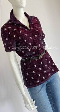 CHANEL 20N Coco Neige Burgundy Black CC logo Knit Zipup Tops 38 40 シャネル ココネージュ・バーガンディー・CCロゴいっぱい・ニット・半袖カットソー・トップス