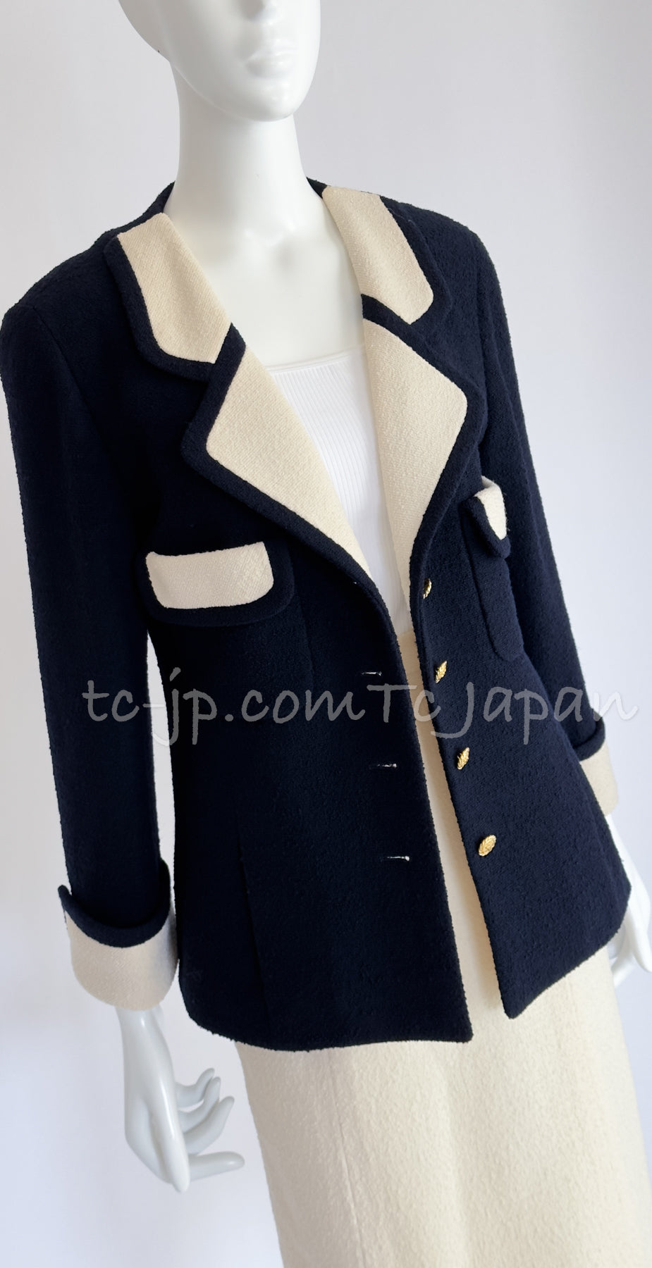 CHANEL 89S Vintage Dark Navy Ivory Creme Tweed Jacket Skirt Suit 38 40 シャネル ヴィンテージ・ダークネイビー・アイボリー・ツイード・ジャケット・スカート・スーツ