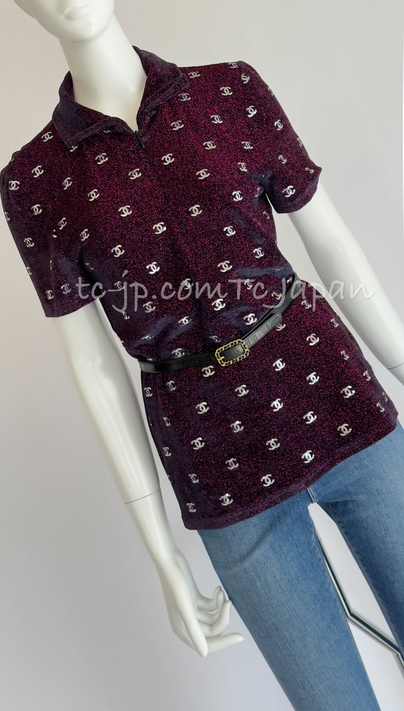 CHANEL 20N Coco Neige Burgundy Black CC logo Knit Zipup Tops 38 40 シャネル ココネージュ・バーガンディー・CCロゴいっぱい・ニット・半袖カットソー・トップス