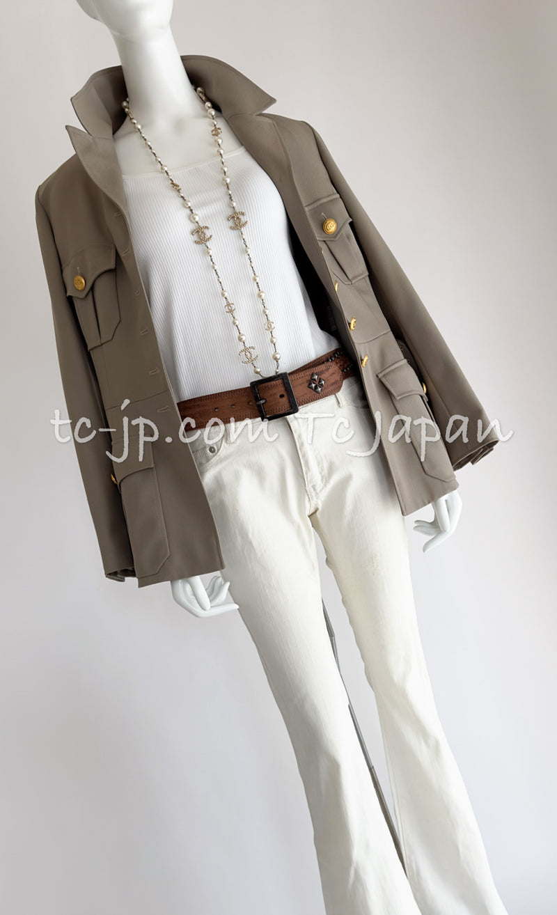 CHANEL 96A Vintage Gray Gold Buttons Belt Military Jacket Skirt Suit 40 シャネル ヴィンテージ・グレー・ゴールドCCボタン・ベルト・ミリタリー ジャケット・スカート・スーツ即発