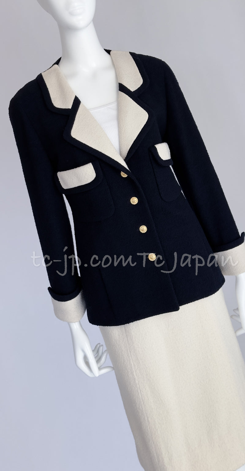 CHANEL 89S Vintage Dark Navy Ivory Creme Tweed Jacket Skirt Suit 38 40 シャネル ヴィンテージ・ダークネイビー・アイボリー・ツイード・ジャケット・スカート・スーツ