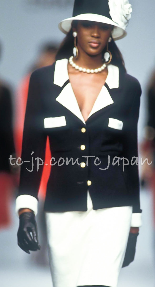 CHANEL 89S Vintage Dark Navy Ivory Creme Tweed Jacket Skirt Suit 38 40 シャネル ヴィンテージ・ダークネイビー・アイボリー・ツイード・ジャケット・スカート・スーツ