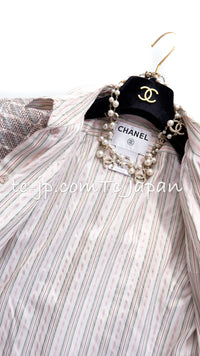 CHANEL 03S Gray Ivory Pink Striped Brouse Tweed Jacket 36 シャネル グレー・アイボリー・ピンク・ストライプ・ツイード・ジャケット 即発