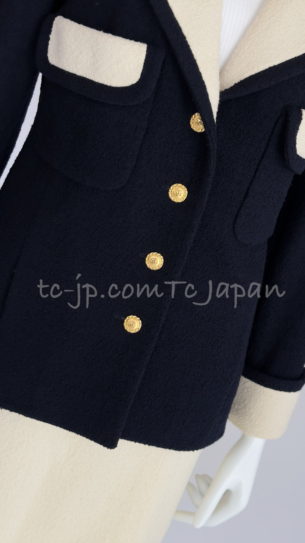 CHANEL 89S Vintage Dark Navy Ivory Creme Tweed Jacket Skirt Suit 38 40 シャネル ヴィンテージ・ダークネイビー・アイボリー・ツイード・ジャケット・スカート・スーツ