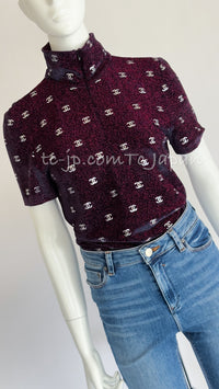 CHANEL 20N Coco Neige Burgundy Black CC logo Knit Zipup Tops 38 40 シャネル ココネージュ・バーガンディー・CCロゴいっぱい・ニット・半袖カットソー・トップス