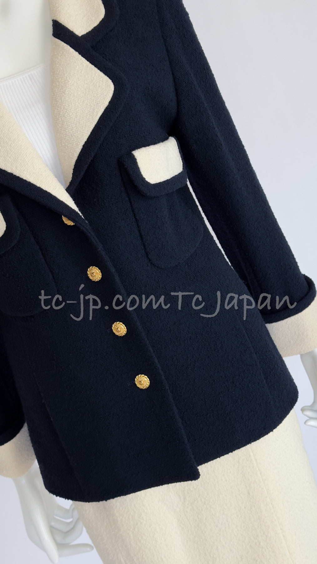 CHANEL 89S Vintage Dark Navy Ivory Creme Tweed Jacket Skirt Suit 38 40 シャネル ヴィンテージ・ダークネイビー・アイボリー・ツイード・ジャケット・スカート・スーツ