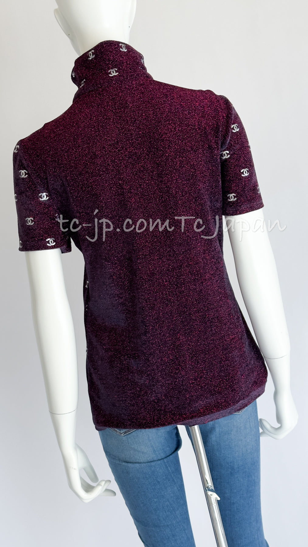 CHANEL 20N Coco Neige Burgundy Black CC logo Knit Zipup Tops 38 40 シャネル ココネージュ・バーガンディー・CCロゴいっぱい・ニット・半袖カットソー・トップス