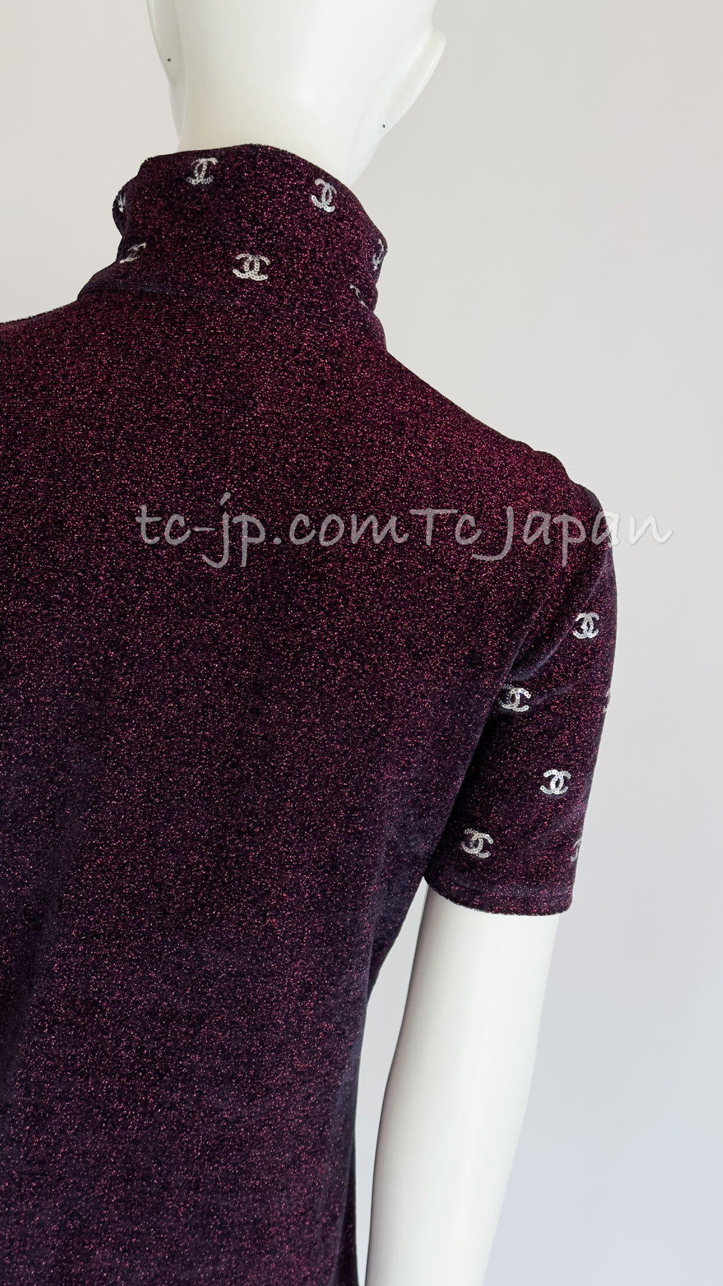CHANEL 20N Coco Neige Burgundy Black CC logo Knit Zipup Tops 38 40 シャネル ココネージュ・バーガンディー・CCロゴいっぱい・ニット・半袖カットソー・トップス