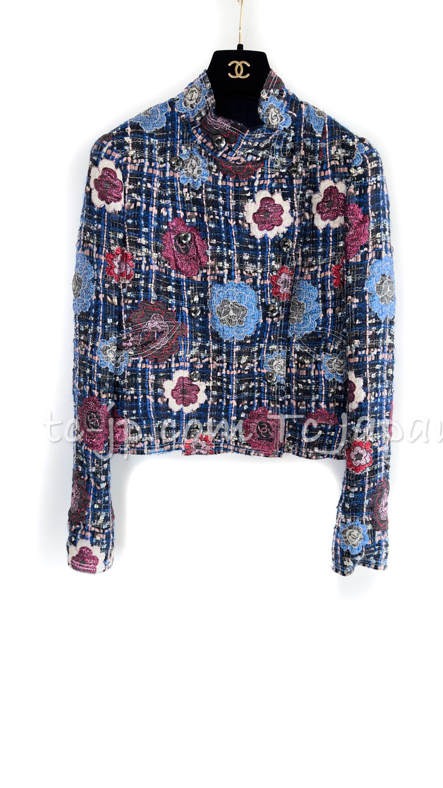 CHANEL 08C Blue Collectible Camellia Patchwork Jacket 38 シャネル ブルー・コレクティブル・カメリア刺繍・パッチワーク・ジャケット 即発