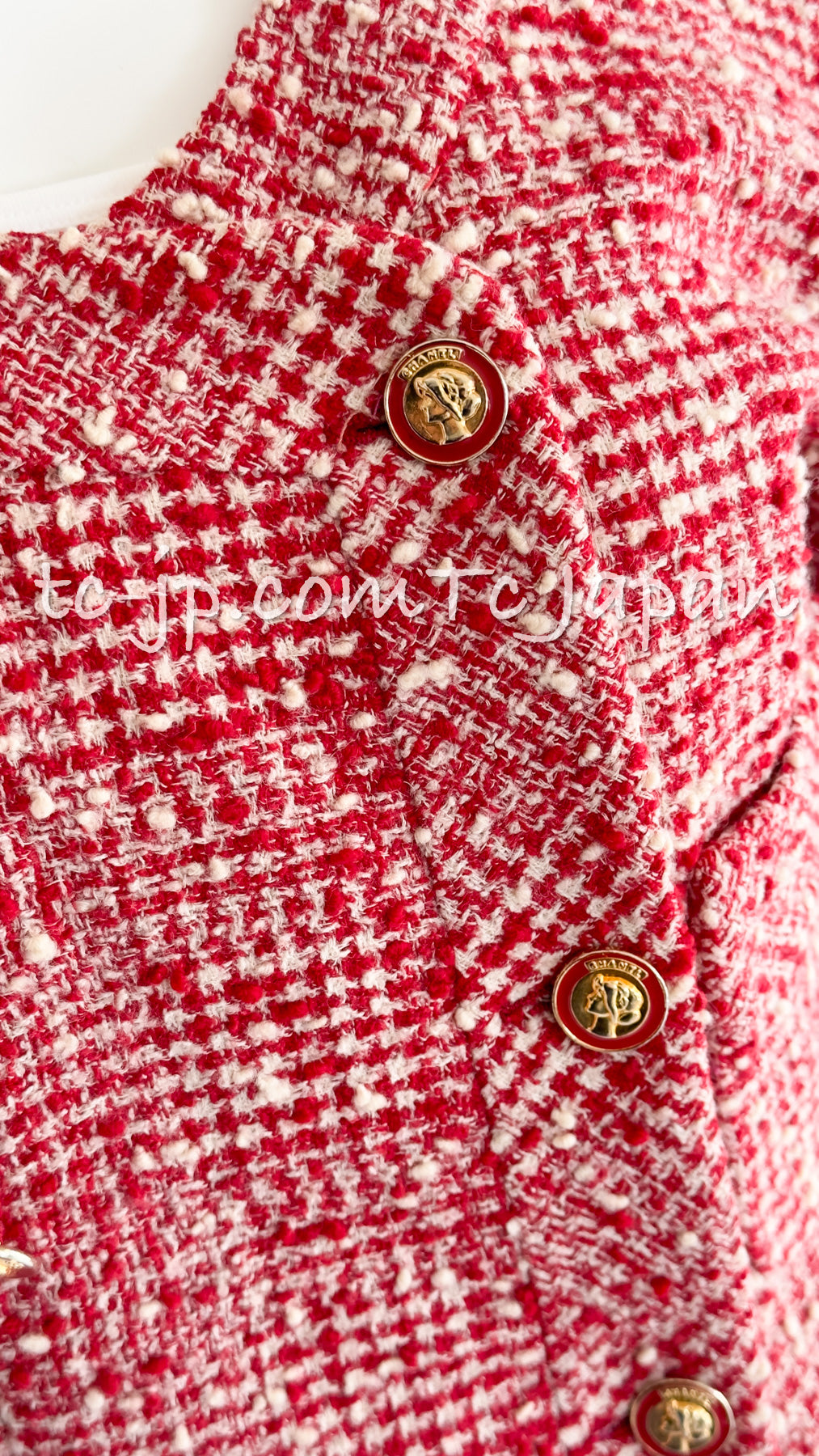 CHANEL 88S Vintage Red Ivory Mademoiselle Buttons Jacket Skirt Suit 36 38  シャネル ヴィンテージ・レッド・アイボリー・マドモアゼル・ボタン・ツイード・ジャケット・スカート・スーツ 即発