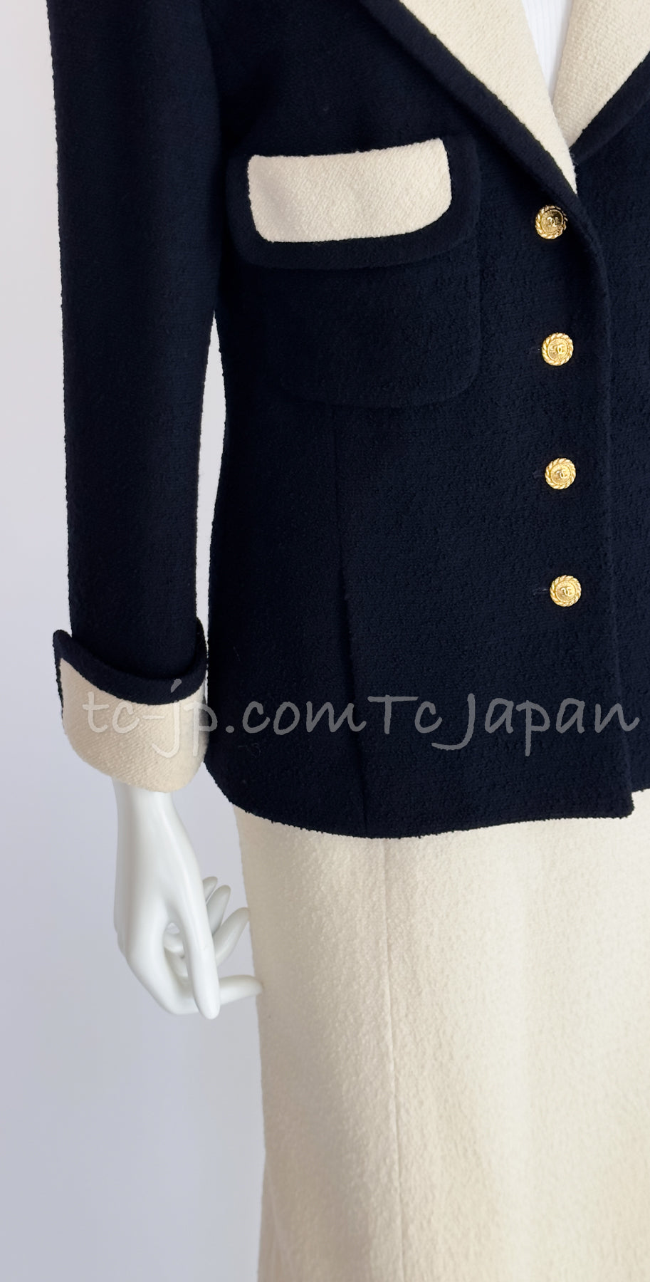 CHANEL 89S Vintage Dark Navy Ivory Creme Tweed Jacket Skirt Suit 38 40 シャネル ヴィンテージ・ダークネイビー・アイボリー・ツイード・ジャケット・スカート・スーツ