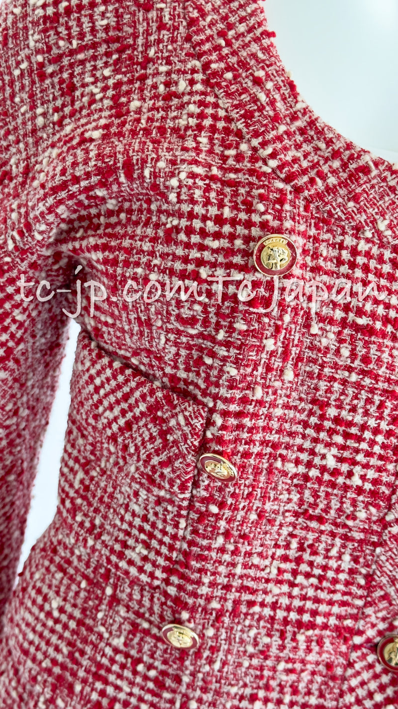 CHANEL 88S Vintage Red Ivory Mademoiselle Buttons Jacket Skirt Suit 36 38  シャネル ヴィンテージ・レッド・アイボリー・マドモアゼル・ボタン・ツイード・ジャケット・スカート・スーツ 即発