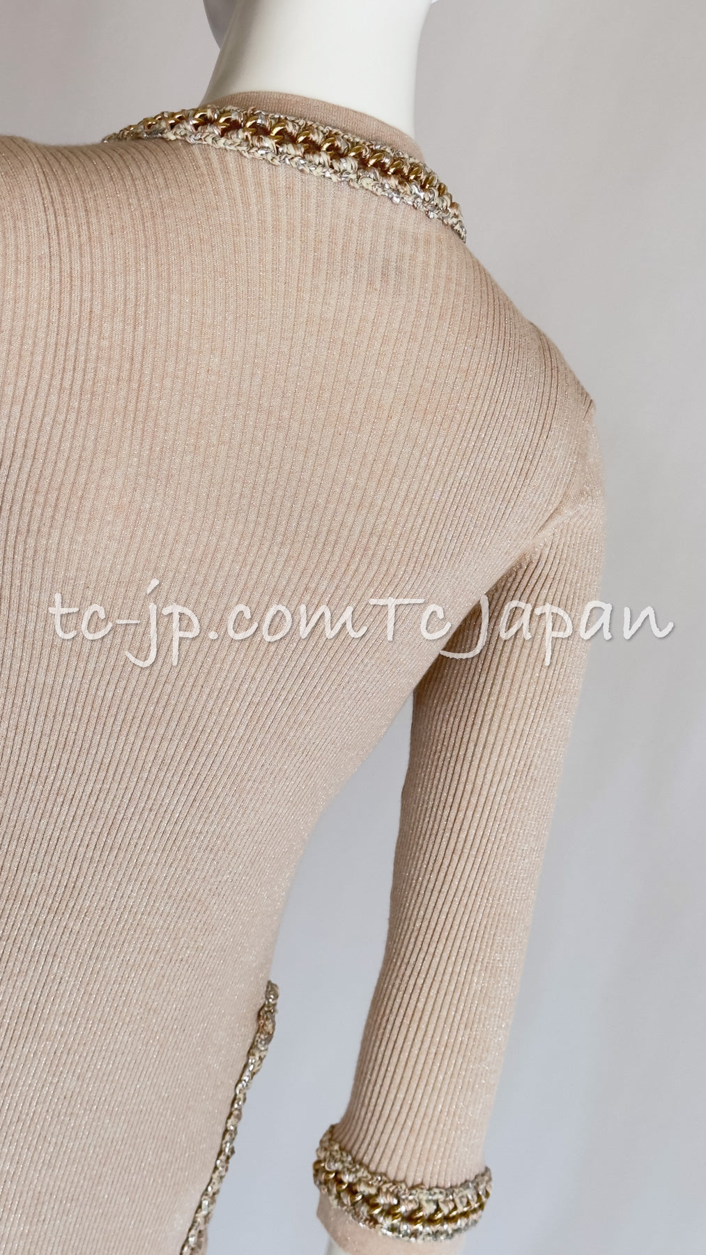 CHANEL 10S Pink Beige Chain Trim Knit Cardigan 36 38 シャネル ピンクベージュ チェーントリム  ニット カーディガン 即発