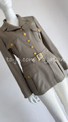 CHANEL 96A Vintage Gray Gold Buttons Belt Military Jacket Skirt Suit 40 シャネル ヴィンテージ・グレー・ゴールドCCボタン・ベルト・ミリタリー ジャケット・スカート・スーツ即発