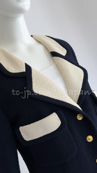 CHANEL 89S Vintage Dark Navy Ivory Creme Tweed Jacket Skirt Suit 38 40 シャネル ヴィンテージ・ダークネイビー・アイボリー・ツイード・ジャケット・スカート・スーツ