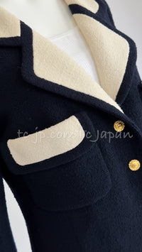 CHANEL 89S Vintage Dark Navy Ivory Creme Tweed Jacket Skirt Suit 38 40 シャネル ヴィンテージ・ダークネイビー・アイボリー・ツイード・ジャケット・スカート・スーツ