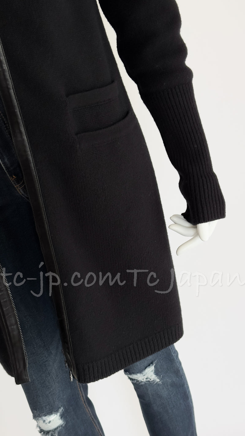CHANEL 12A Black Wool Lambskin Leather CC Logo Long Cardigan 36 シャネル ブラック・ウール・ラムスキン・レザー・腕CCロゴ・ロングカーディガン・コート 即発
