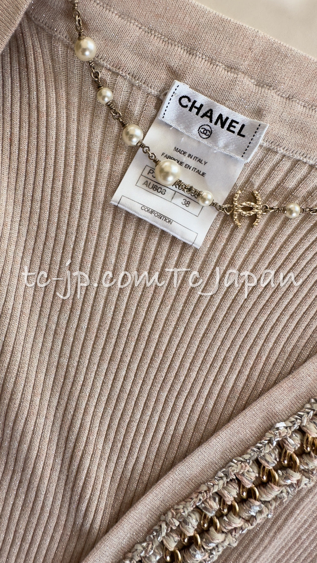 CHANEL 10S Pink Beige or Black Chain Trim Knit Dress Cardigan 36 38 シャネル  ピンクベージュ・ブラック・チェーントリム・ニット・ワンピース・カーディガン 即発