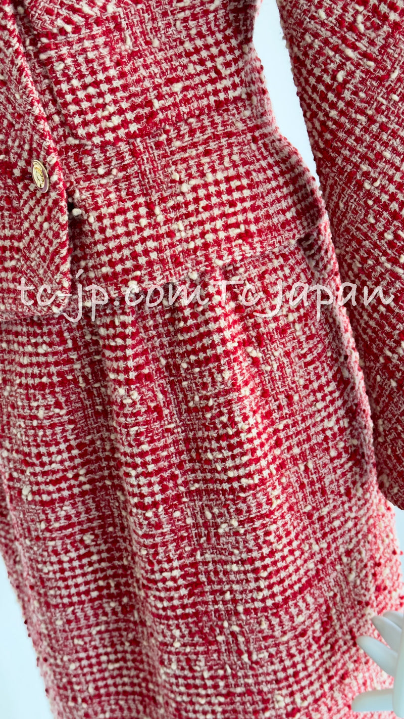 CHANEL 88S Vintage Red Ivory Mademoiselle Buttons Jacket Skirt Suit 36 38  シャネル ヴィンテージ・レッド・アイボリー・マドモアゼル・ボタン・ツイード・ジャケット・スカート・スーツ 即発