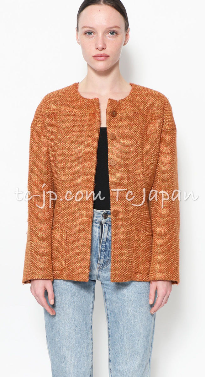 CHANEL 01A Orange Brown Tweed Wool Jacket 40 シャネル・オレンジ・ブラウン・ツイード・ジャケット