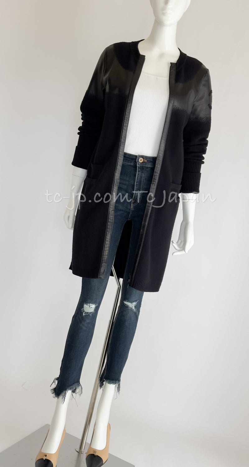 CHANEL 12A Black Wool Lambskin Leather CC Logo Long Cardigan 36 シャネル ブラック・ウール・ラムスキン・レザー・腕CCロゴ・ロングカーディガン・コート 即発