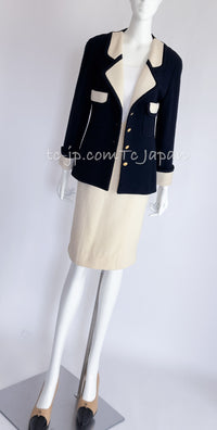 CHANEL 89S Vintage Dark Navy Ivory Creme Tweed Jacket Skirt Suit 38 40 シャネル ヴィンテージ・ダークネイビー・アイボリー・ツイード・ジャケット・スカート・スーツ
