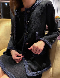 CHANEL 13A Little Black Jacket Navy Braid Trim Wool Silk Tweed 36 38 シャネル リトル ブラック ジャケット ネイビー ブレイド トリム ウール シルク ツイード 女優 チェ・ジュウ 即発