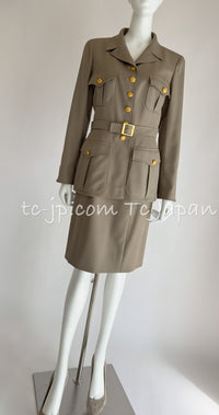 CHANEL 96A Vintage Gray Gold Buttons Belt Military Jacket Skirt Suit 40 シャネル ヴィンテージ・グレー・ゴールドCCボタン・ベルト・ミリタリー ジャケット・スカート・スーツ即発