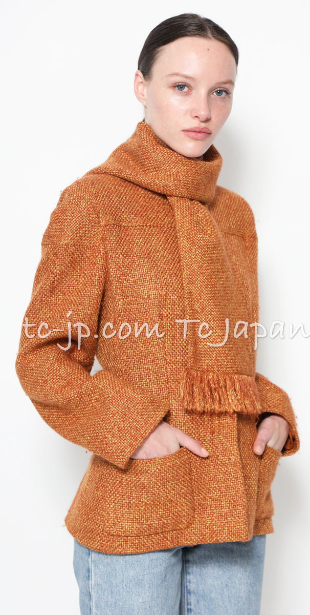 CHANEL 01A Orange Brown Tweed Wool Jacket 40 シャネル・オレンジ・ブラウン・ツイード・ジャケット