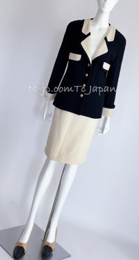 CHANEL 89S Vintage Dark Navy Ivory Creme Tweed Jacket Skirt Suit 38 40 シャネル ヴィンテージ・ダークネイビー・アイボリー・ツイード・ジャケット・スカート・スーツ