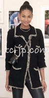 CHANEL 11A Black Dark Navy Gold Chain Trimming Jacket Coat 38 シャネル ブラック ダーク ネイビー ゴールド チェーン トリミング ジャケット コート