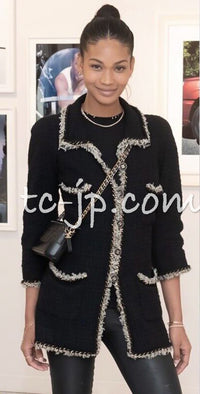 CHANEL 11A Black Dark Navy Gold Chain Trimming Jacket Coat 38 シャネル ブラック ダーク ネイビー ゴールド チェーン トリミング ジャケット コート