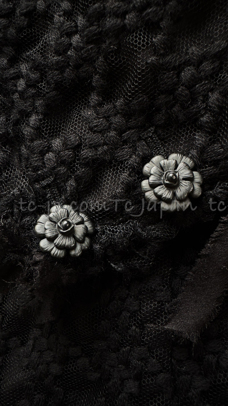 CHANEL 05C Black Chiffon Lace Camellia Buttons Jacket 38 44 シャネル ブラック・シフォン・レース・カメリアボタン・ジャケット 即発