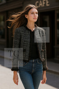 CHANEL 05A Black Charcoal Gray Rabbit Fur Trim Jacket Skirt Suit 38 42 シャネル ブラック チャコール グレー ラビット ファー トリム ツイード ジャケット スカート スーツ 即発