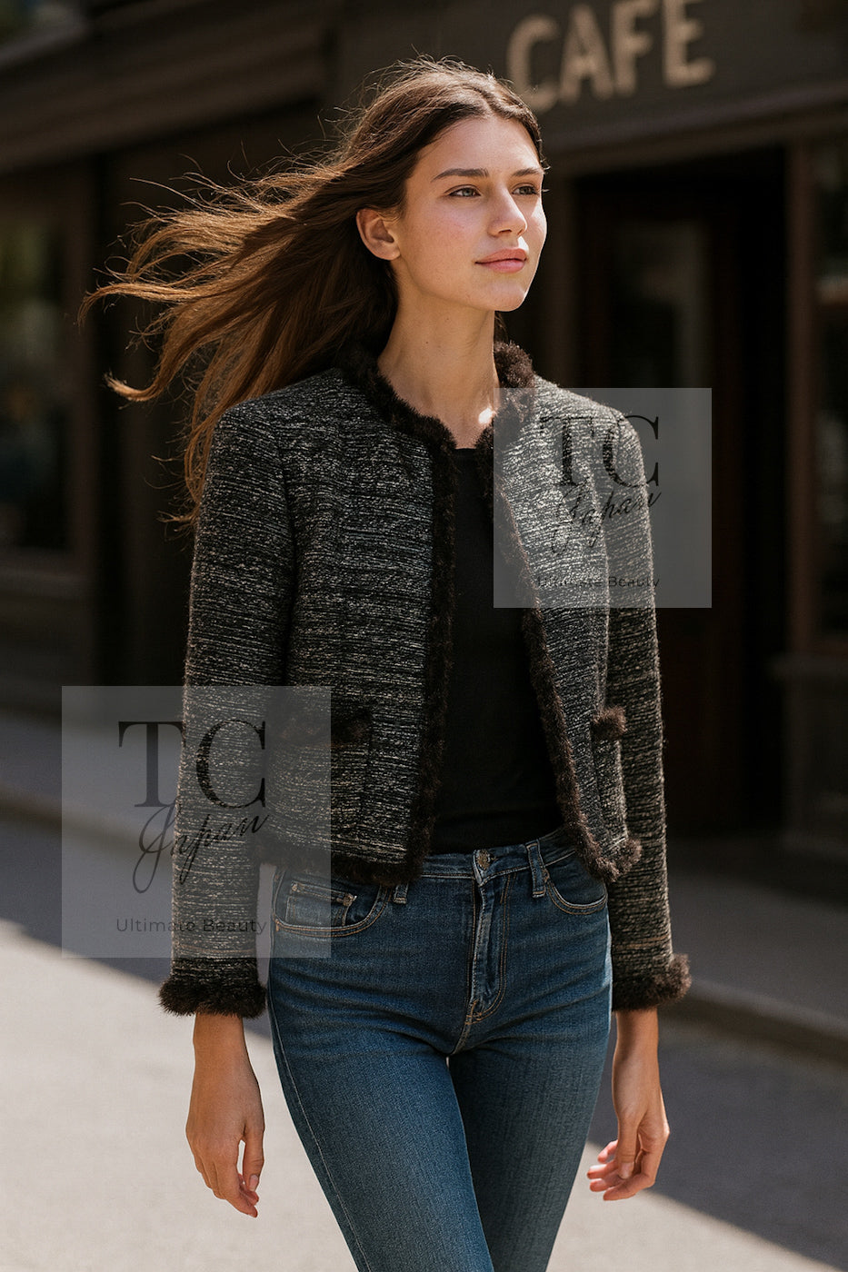 CHANEL 05A Black Charcoal Gray Rabbit Fur Trim Jacket Skirt Suit 38 42 シャネル ブラック チャコール グレー ラビット ファー トリム ツイード ジャケット スカート スーツ 即発