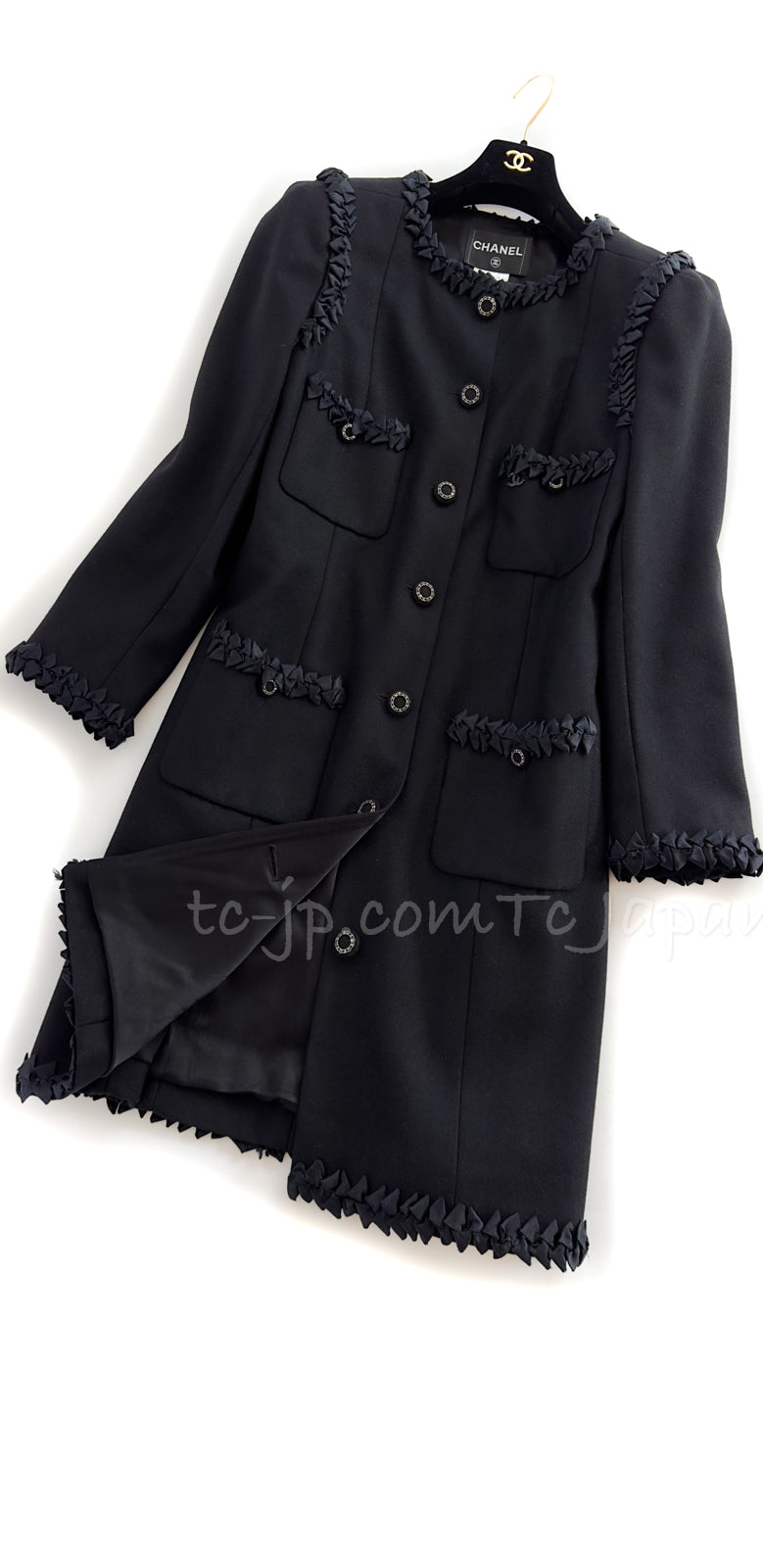 CHANEL 08PF $10K Black Wool Cashmere Braid Trimming Coat 38 40 シャネル ブラック・ウール・カシミア・ブレイドトリミング・コート