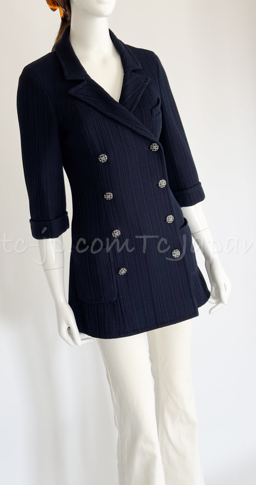 CHANEL 13S Navy Double Cotton Jacket 34 36 シャネル ネイビー・ダブル・コットン・ジャケット 即発