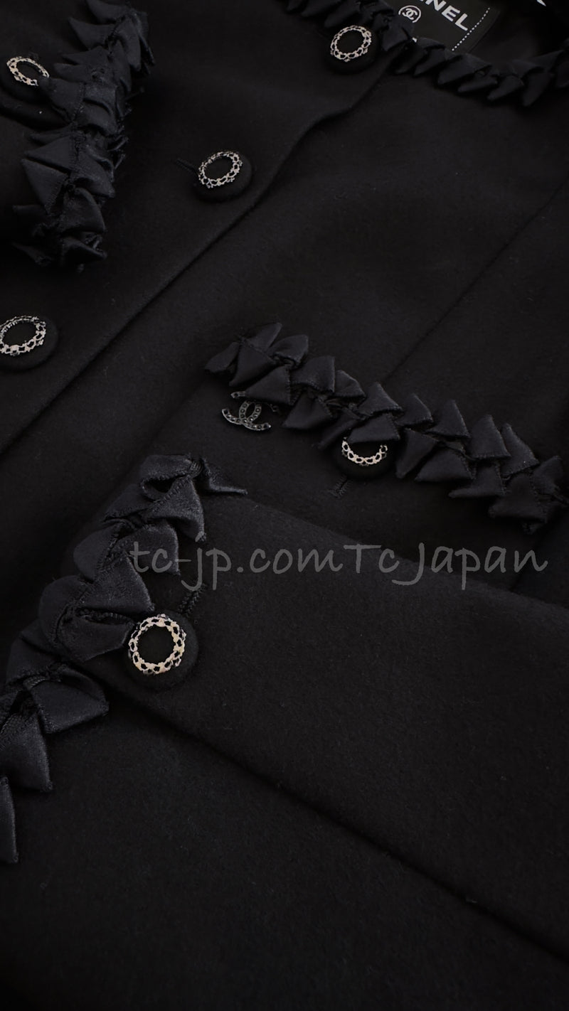 CHANEL 08PF $10K Black Wool Cashmere Braid Trimming Coat 38 40 シャネル ブラック・ウール・カシミア・ブレイドトリミング・コート
