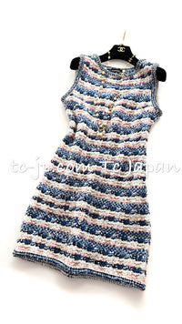 CHANEL 15C Blue Ivory Pink Multicolor Border Knit Dress 36 シャネル ブルー アイボリー ピンク マルチカラー ボーダー ニット ワンピース 即発