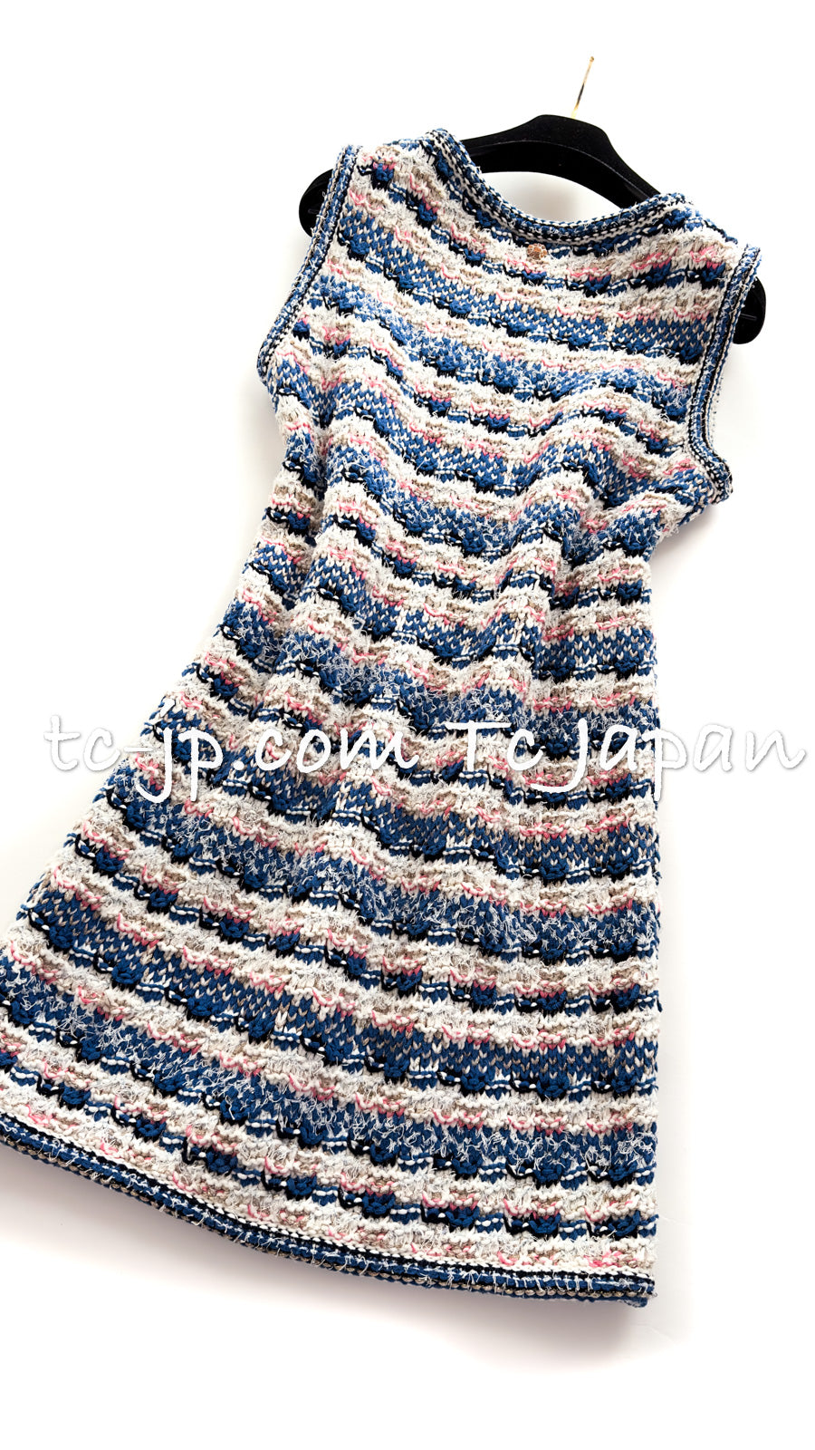 CHANEL 15C Blue Ivory Pink Multicolor Border Knit Dress 36 シャネル ブルー アイボリー ピンク マルチカラー ボーダー ニット ワンピース 即発
