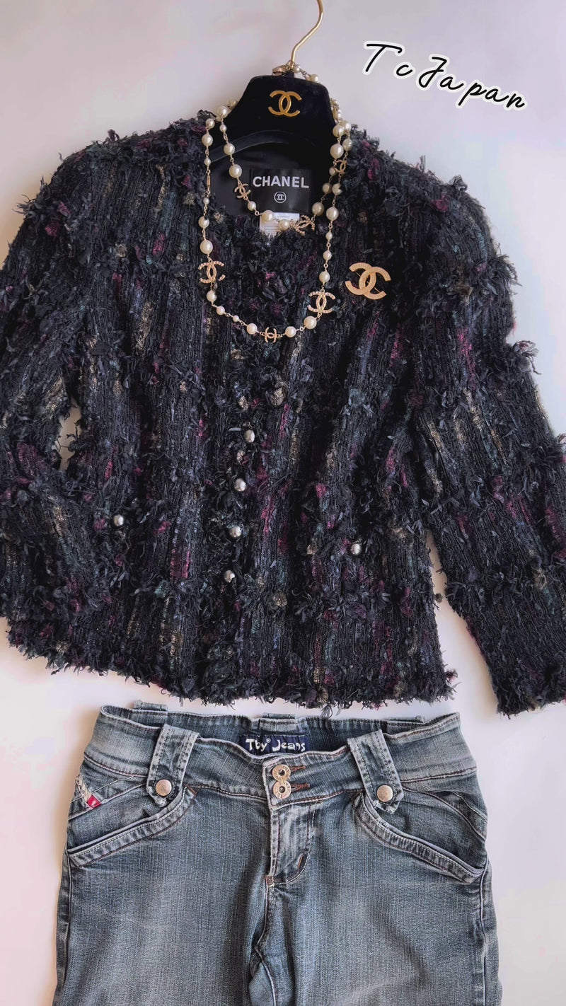 CHANEL 06C Black Purple Multi Color Ribbon Lesage Tweed Jacket 34 シャネル ブラック パープル マルチカラー ルサージュ ツイード ジャケット 即発