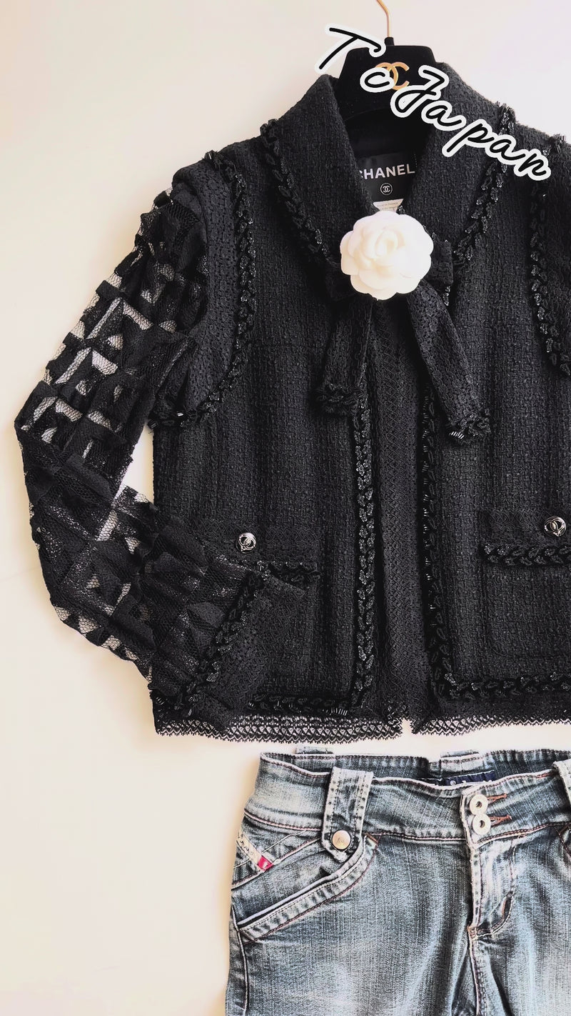 CHANEL 09C Black Jewel Embellished Mesh Lesage Tweed Cardigan Jacket 34 シャネル ブラック ジュエリー ビーズ メッシュレース カーディガン ジャケット 即発