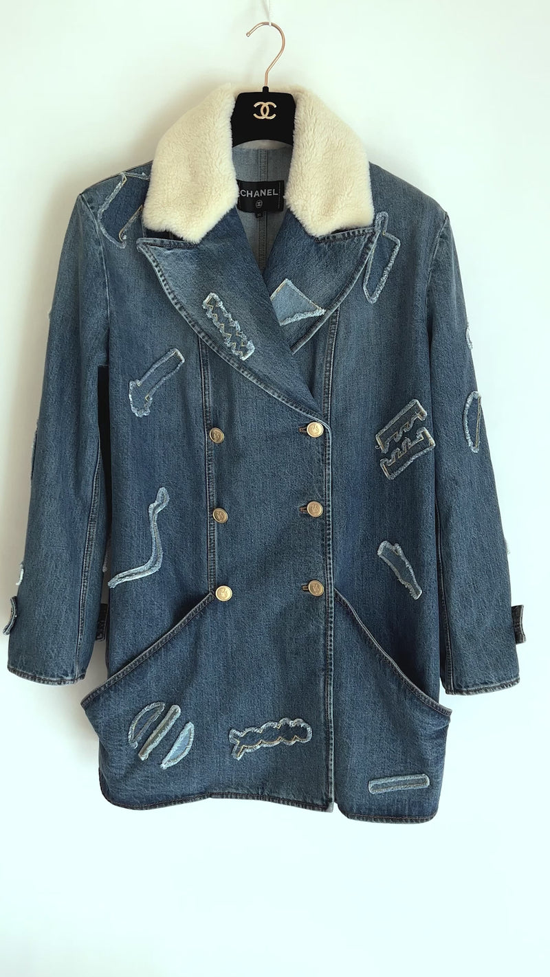 CHANEL 19PF Blue Denim Double Jacket Coat 36 38 シャネル ブルー デニム ボア襟 ジャケット コート 即発