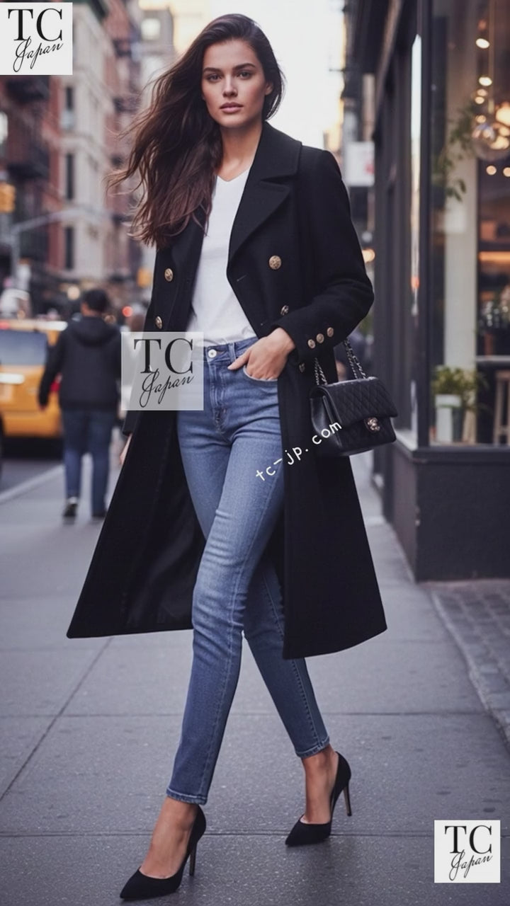 シャネル ピー コート CHANEL ブラック カシミア ゴールド ロゴ ボタン