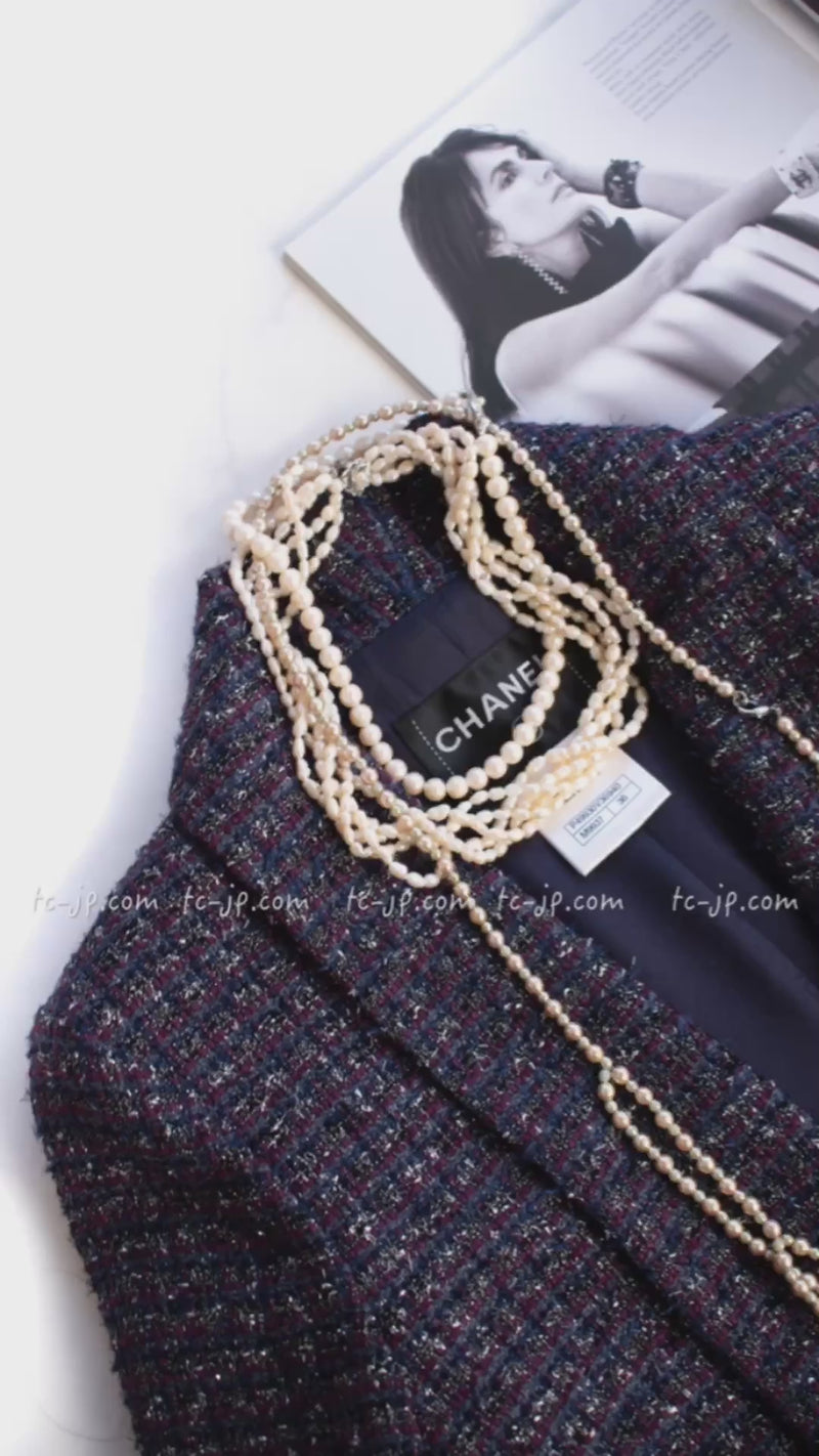 CHANEL 14B Navy Purple Metallic Tweed Jacket 36 38 シャネル ネイビー パープル メタリック ツイード ジャケット 即発