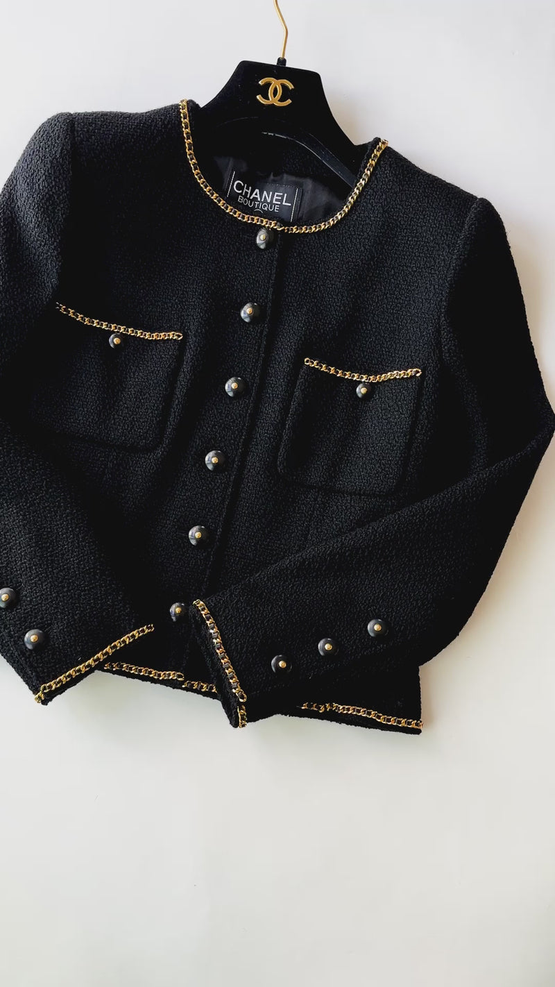CHANEL 95A Vintage Black Gold Chain Trim Tweed Jacket 38 シャネル ヴィンテージ・ブラック・ゴールドチェーン・トリミング・ツイード・ジャケット 即発
