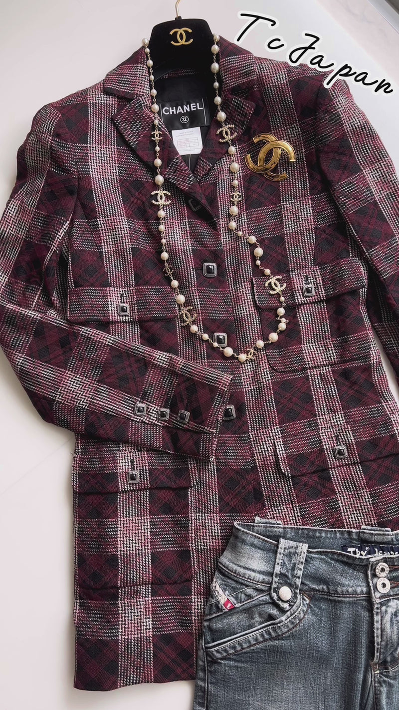 CHANEL 08PF Burgundy Black Tartan Check Jacket 34 36 シャネル バーガンディ ブラック タータン チェック柄 ジャケット 即発