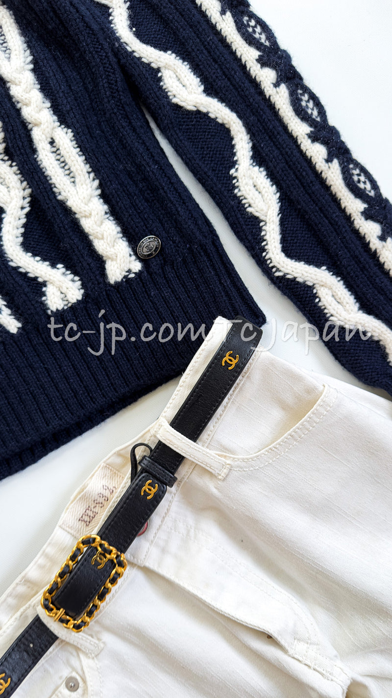 CHANEL 18PF Navy Ivory Wool Cashmere Knit Sweater 34 36 38 シャネル ネイビー アイボリー ウール カシミア ケーブル ニット セーター 即発